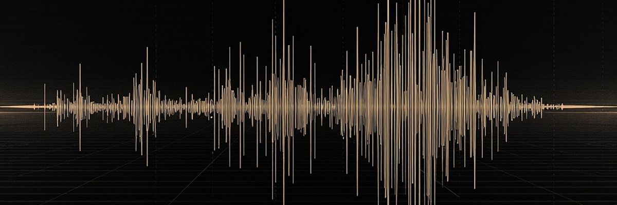 Abstract acoustics plate: stacked harmonic bands and a waveform envelope drawn as contour lines over a grid of quantised note positions.