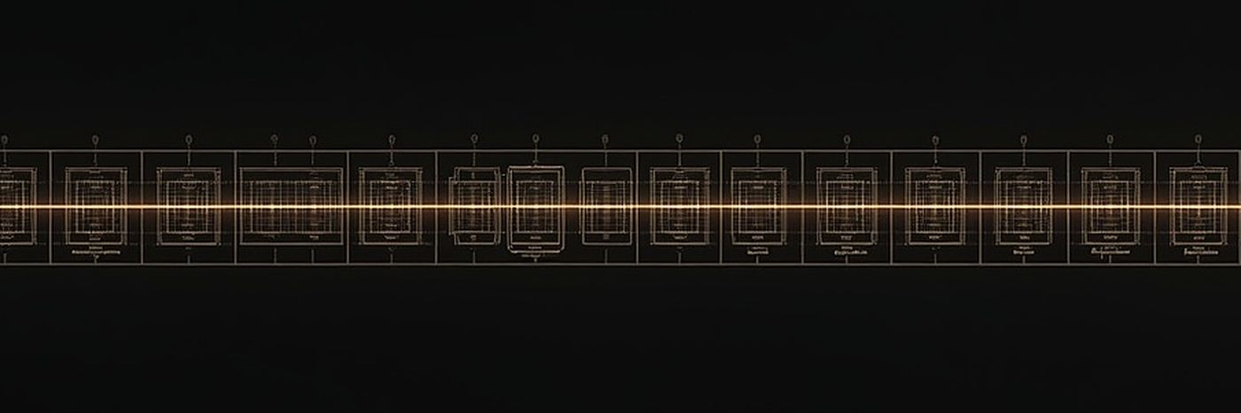 Abstract engraving: a long horizontal sequence of small sealed blocks, each linked to the next by a short connector.