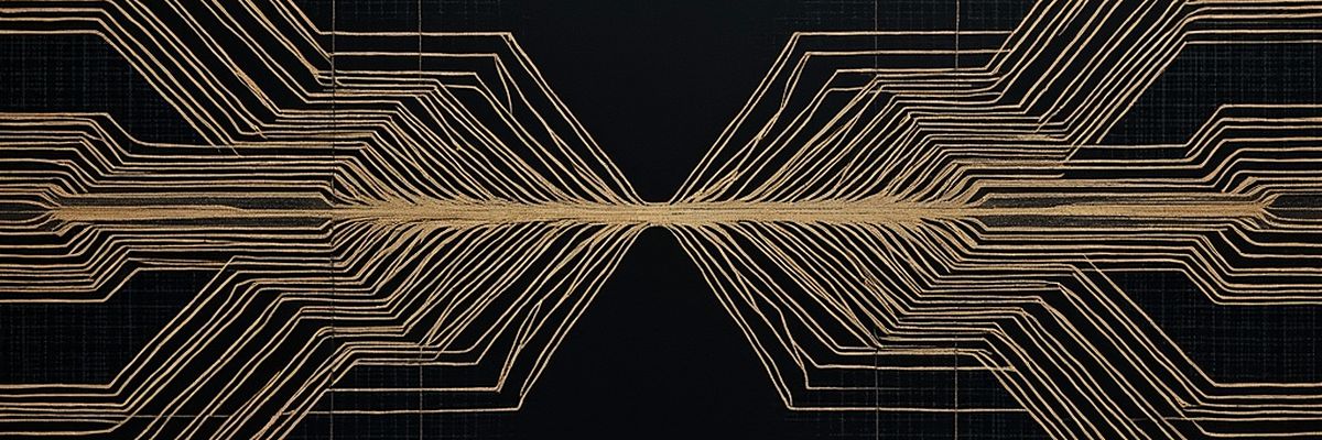 Abstract flow-control schematic: many inbound lines converging through a single narrow gate into a few ordered outbound channels.